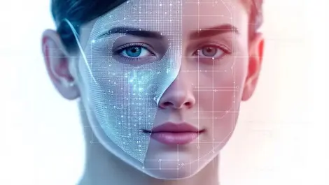 Realistic human face facial recognition digital grid mask peeling