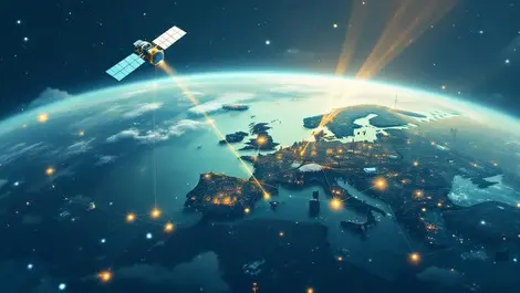 Satellite orbiting earth with beams to smart devices secure global iot connections over europe