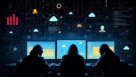 Shadowy hackers dark room multiple screens cloud icons cyber espionage us cloud networks