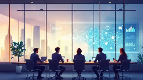 Glass boardroom ai strategy meeting executives neural diagram