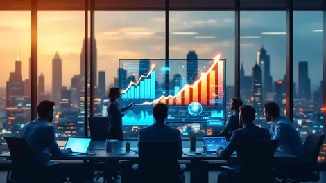 Modern glass office execs it team ai analytics global city view