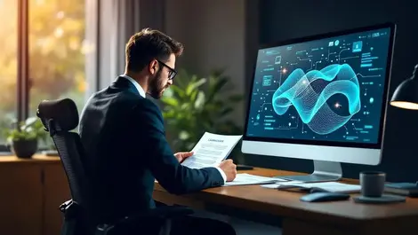 Modern lawyer reviewing contracts with ai data visualization