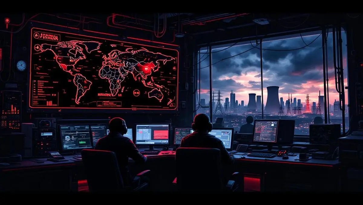 Dark control room hackers red world map cyber attack stormy city
