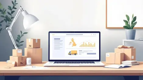 Modern laptop online marketplace parcels uk delivery flat vector