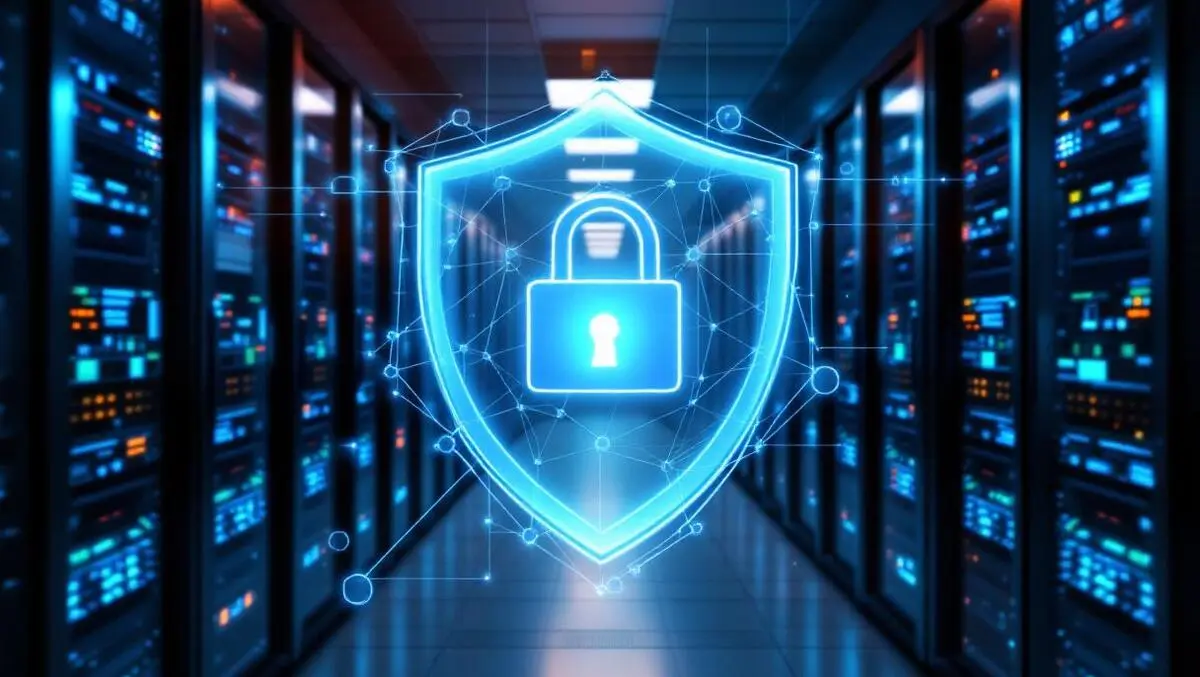 Server room digital shield blocking ransomware files protection