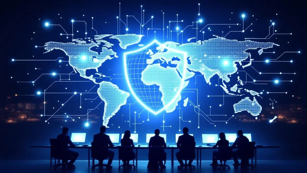 Global cyber defence shield over world map with professionals