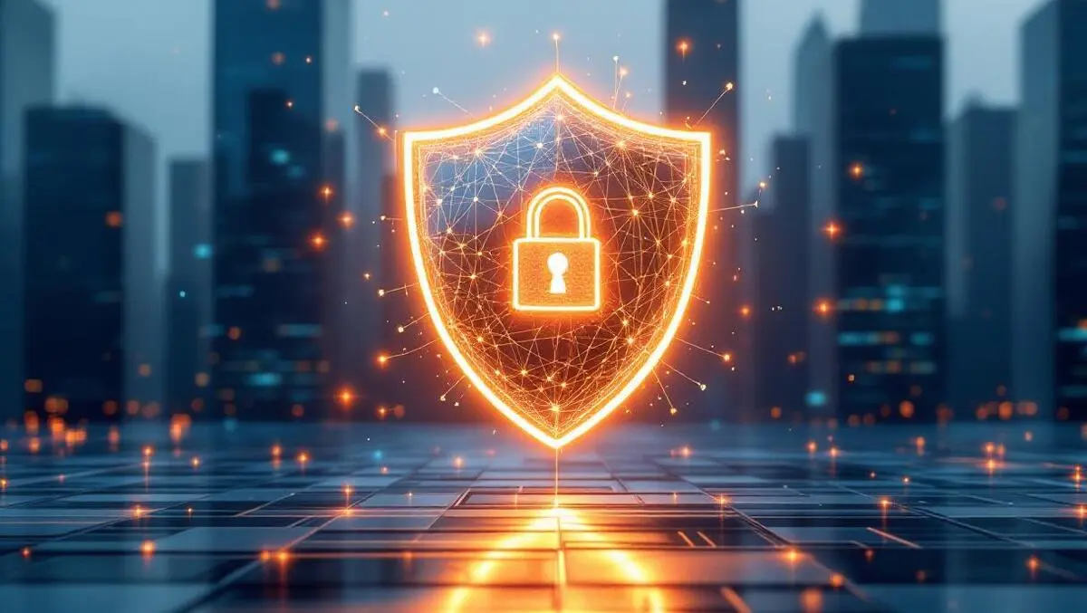 Dns domain security shield glowing nodes skyscraper backdrop