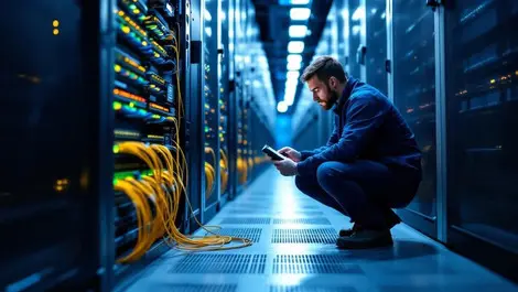 Technician testing fibre optic cables in modern data centre aisle