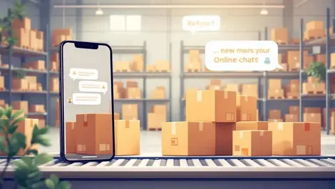Uk online shopping returns warehouse conveyor chat support illustration