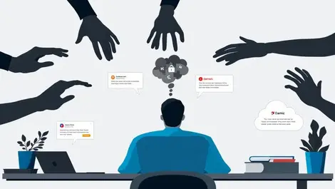 Office worker anxious at laptop phishing emails shadowy hands clouds