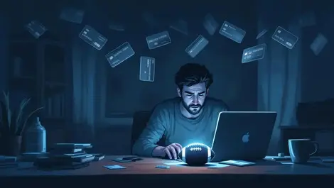 Tired uk man late night laptop gambling disputes shadowy cards