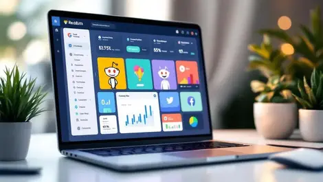 Flat marketing dashboard laptop with reddit icon charts office desk