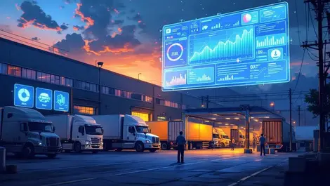 Ai fleet management dashboard over busy us logistics depot dusk