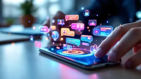 Realistic smartphone chat ui with security cloud global icons