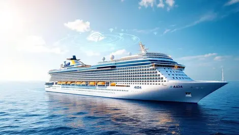Aida cruise ship at sea with glowing wifi signal waves sky