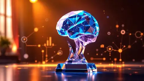Crystal ai brain trophy business award with graphs gears nodes