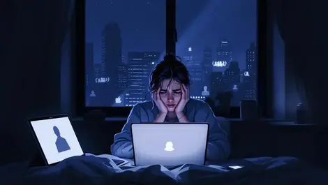 Moody twenty something american woman screens anxiety dark bedroom