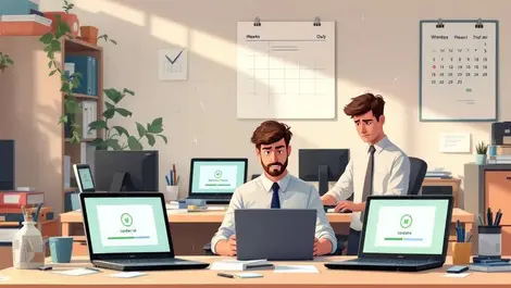 Cluttered small business it office unattended windows laptops dust