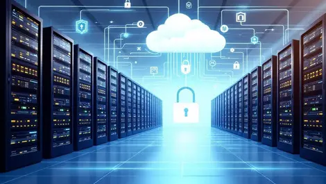 Modern datacenter cloud with ai security testing shield lock