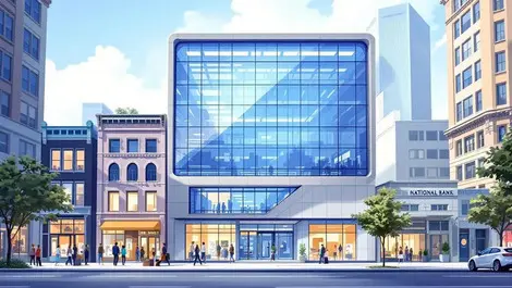 Modern glass bank laptop facade downtown san francisco fintech to bank