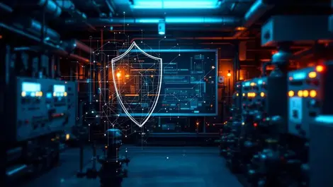 Industrial control room with digital shield protecting infrastructure