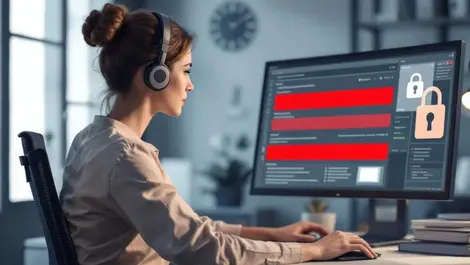 Office worker desktop redacted sensitive data blurred ui locks