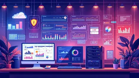 Editorial it operations center analysts monitor server security dashboard flat illustration efficiency