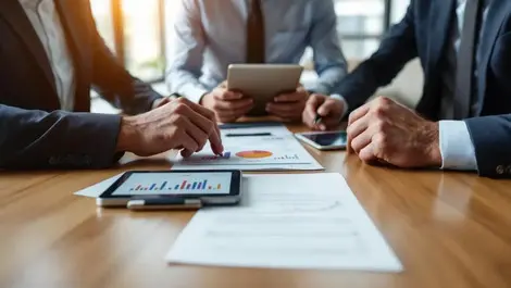 Us wealth management deal office meeting financial charts tablets