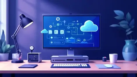 Neutral illustration office desk virtual desktop gears remote