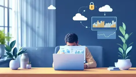 Calm small business owner office laptop invoices fintech dashboard digital illustration