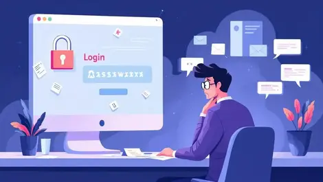 Worried office worker desk login screen cracked padlock office digital illustration